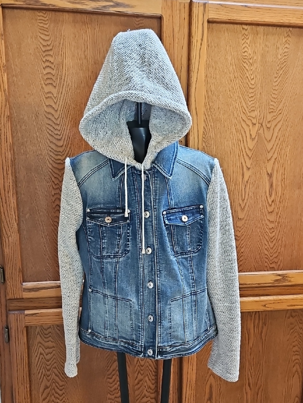 INC International Concepts denim sweater jacket Coat w/ Hood - M